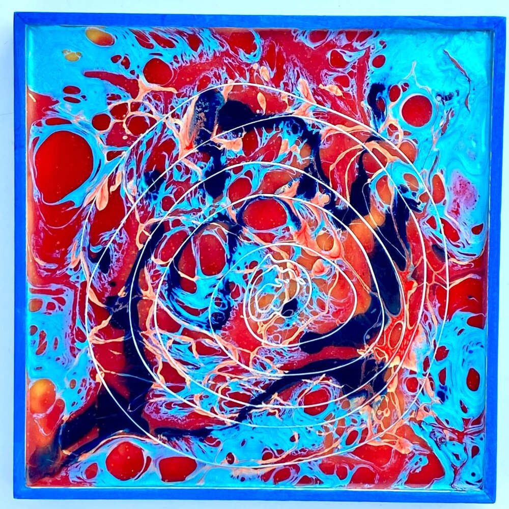 Silver Spiral Original Abstract Art Resin Painting Blue Red 6.2x6.2in Panel